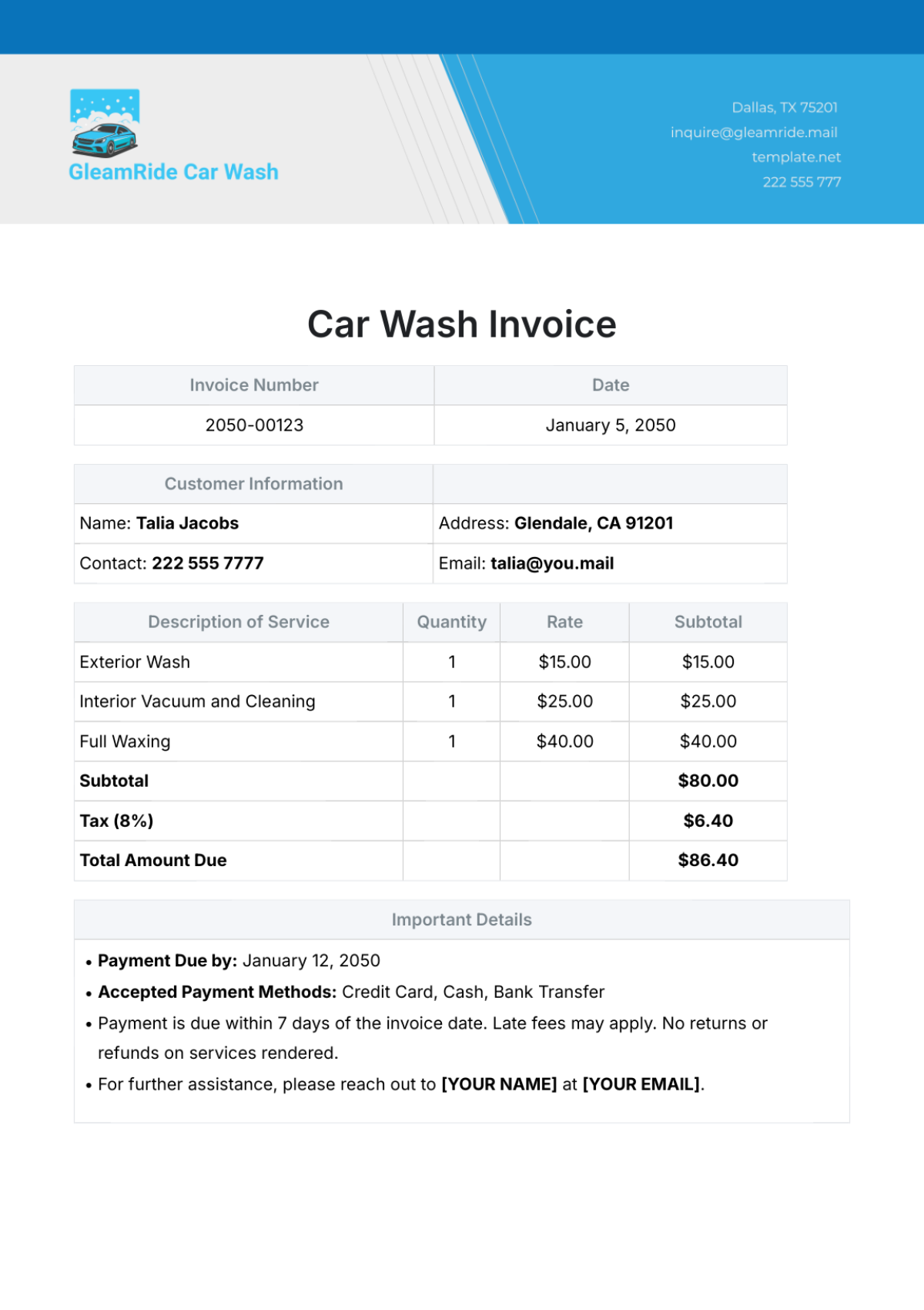 Car Wash Invoice Template - Edit Online & Download