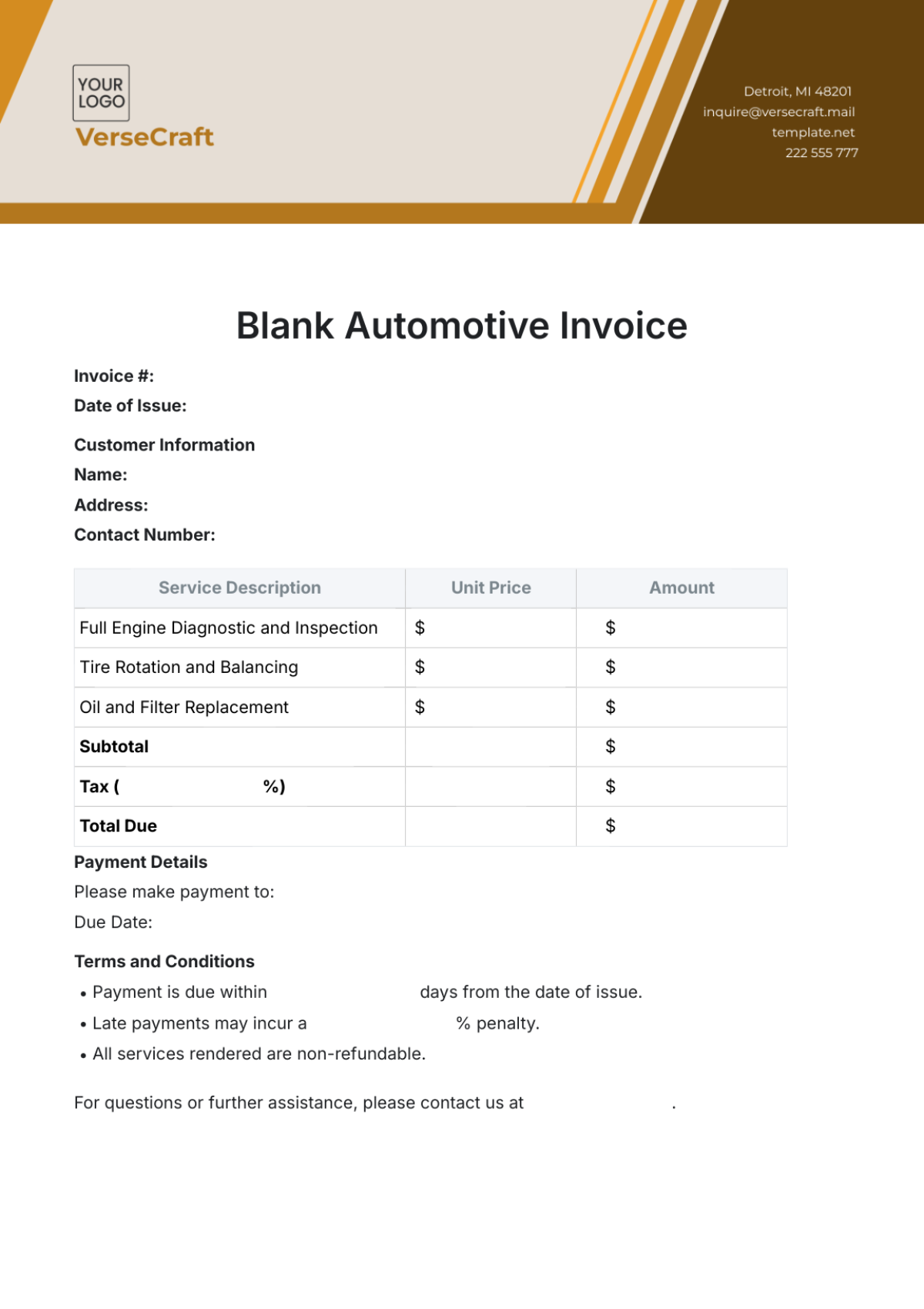 Blank Automotive Invoice Template - Edit Online & Download