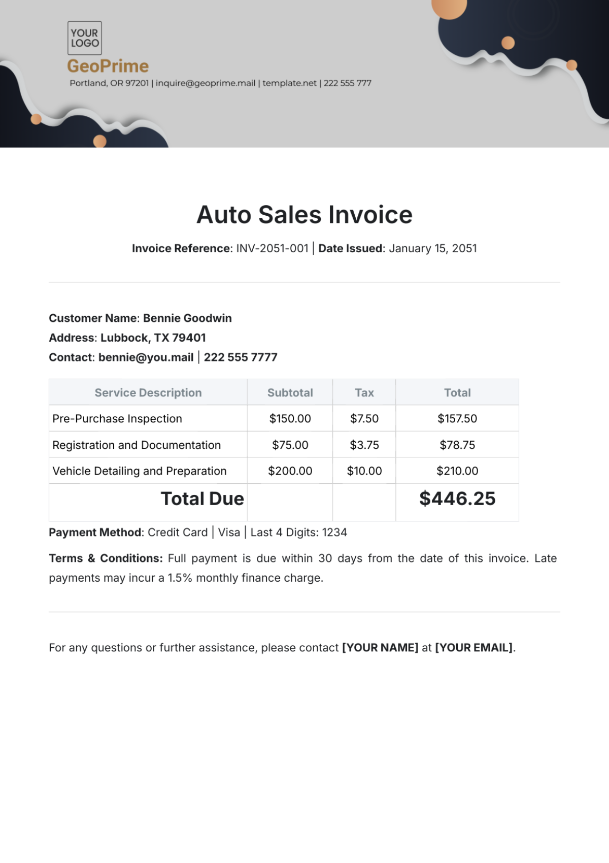 Auto Sales Invoice Template - Edit Online & Download