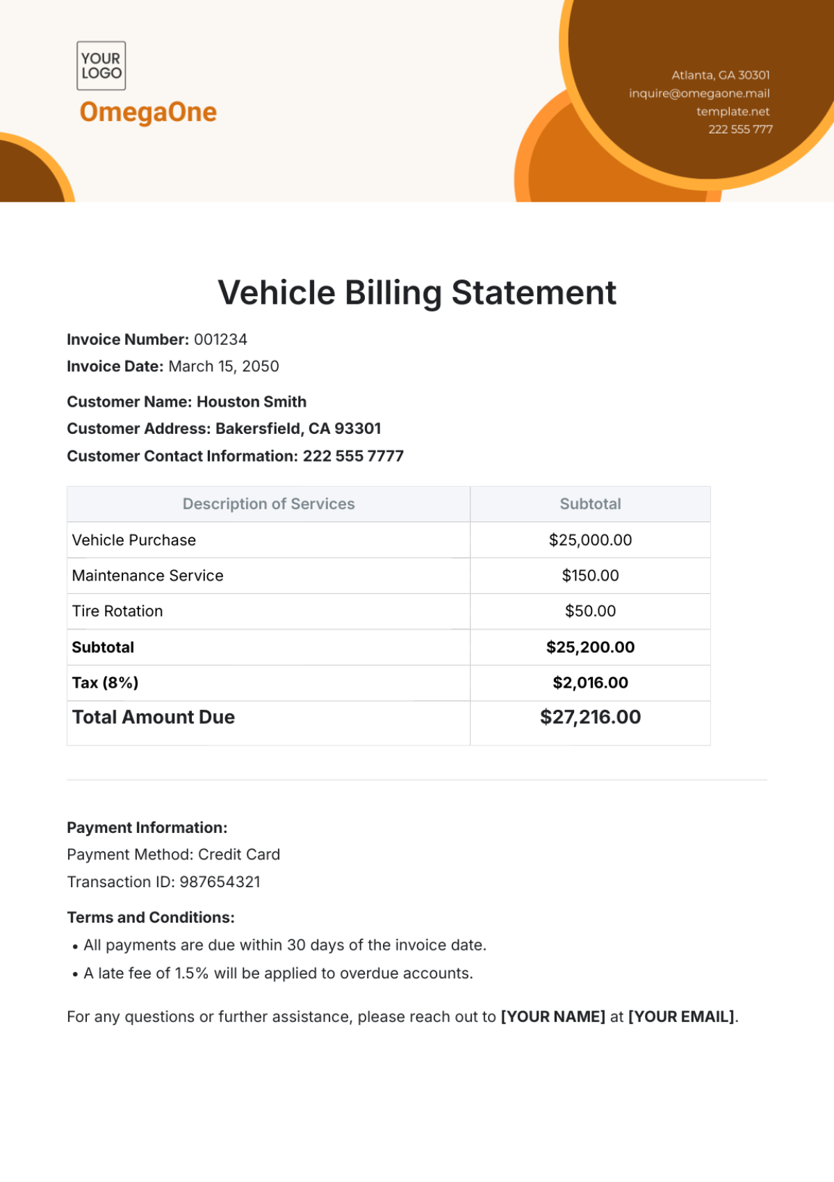 Vehicle Billing Statement Template - Edit Online & Download