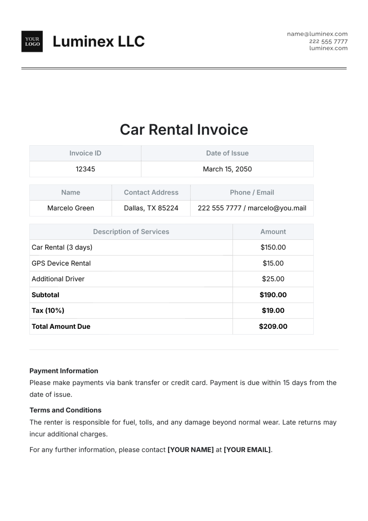 Car Rental Invoice Template - Edit Online & Download