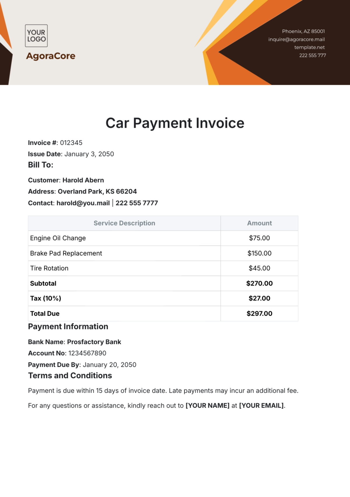 Car Payment Invoice Template - Edit Online & Download