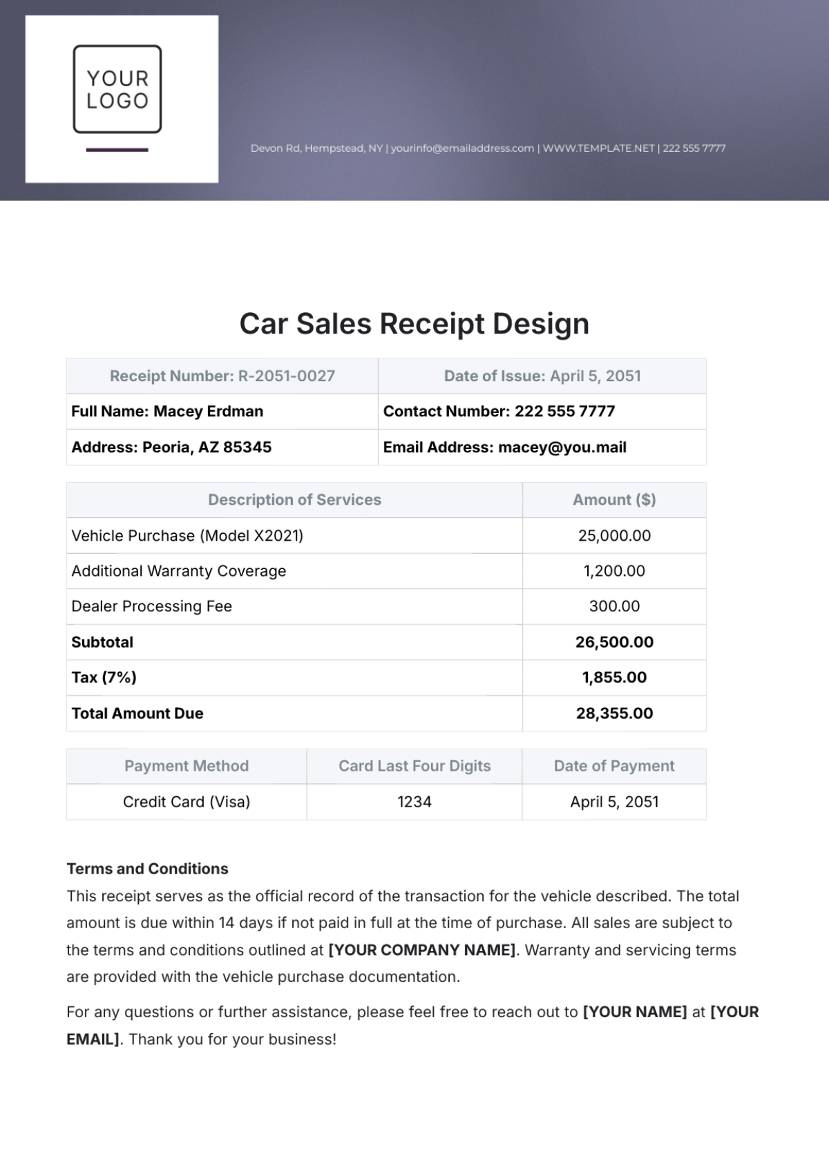 Car Sales Receipt Design Template - Edit Online & Download