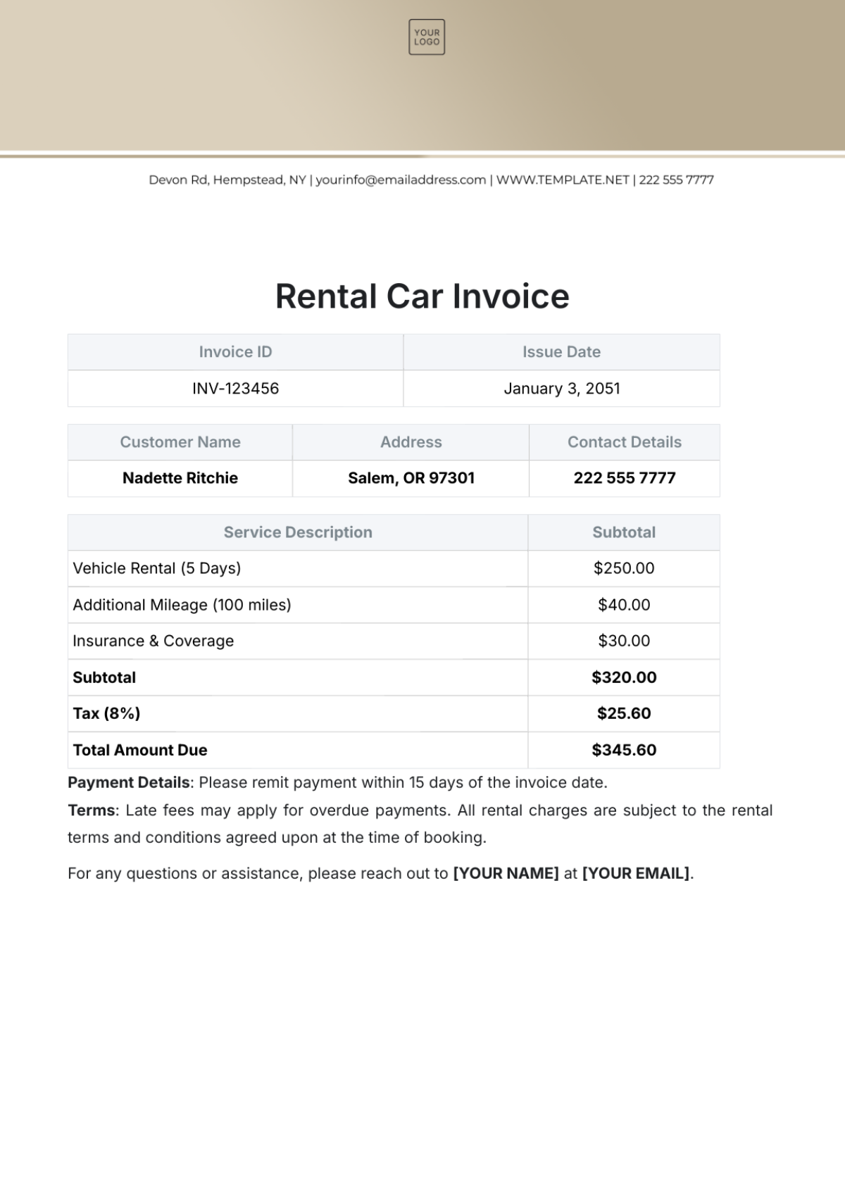 Rental Car Invoice Template - Edit Online & Download