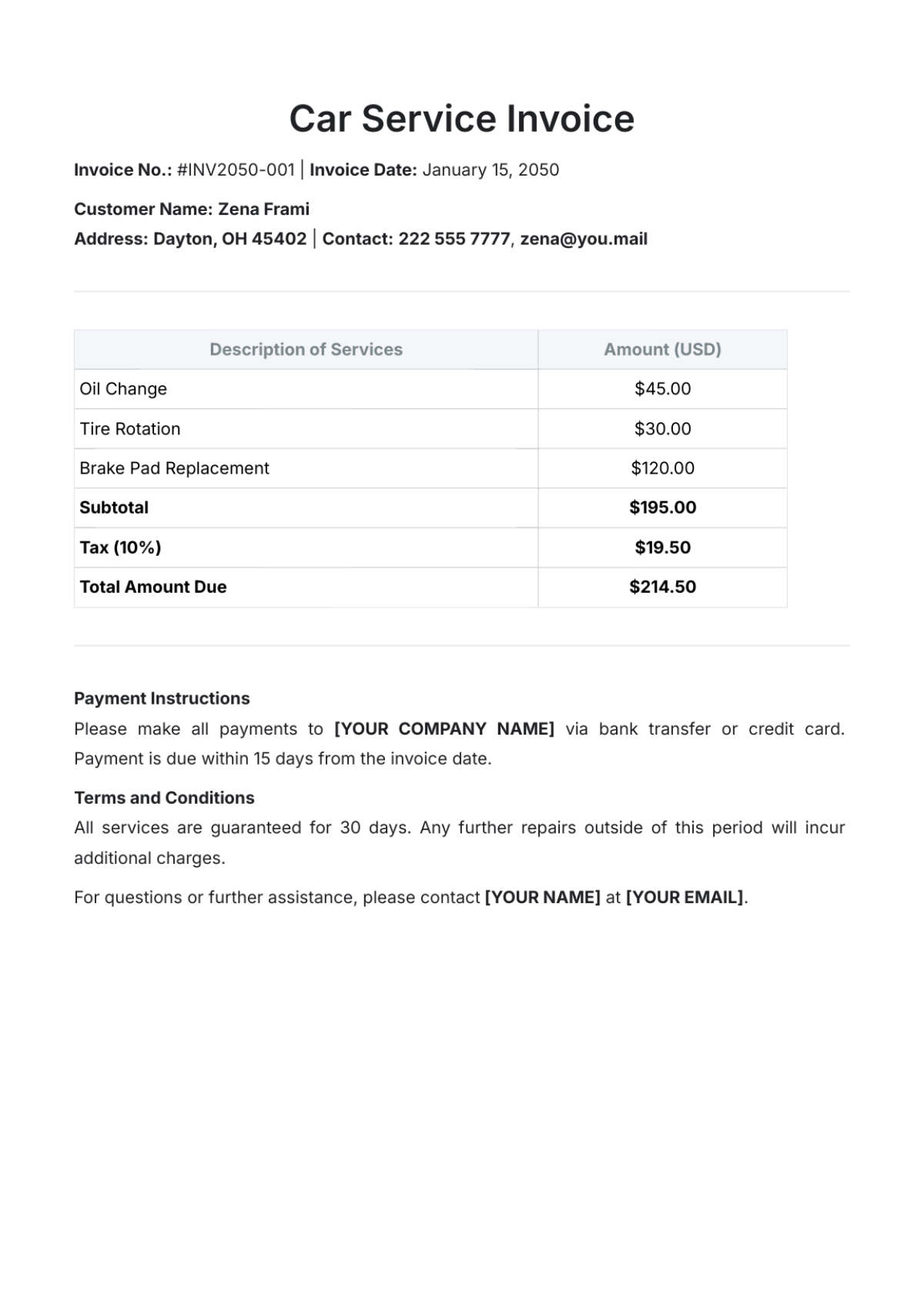 Car Service Invoice Template - Edit Online & Download