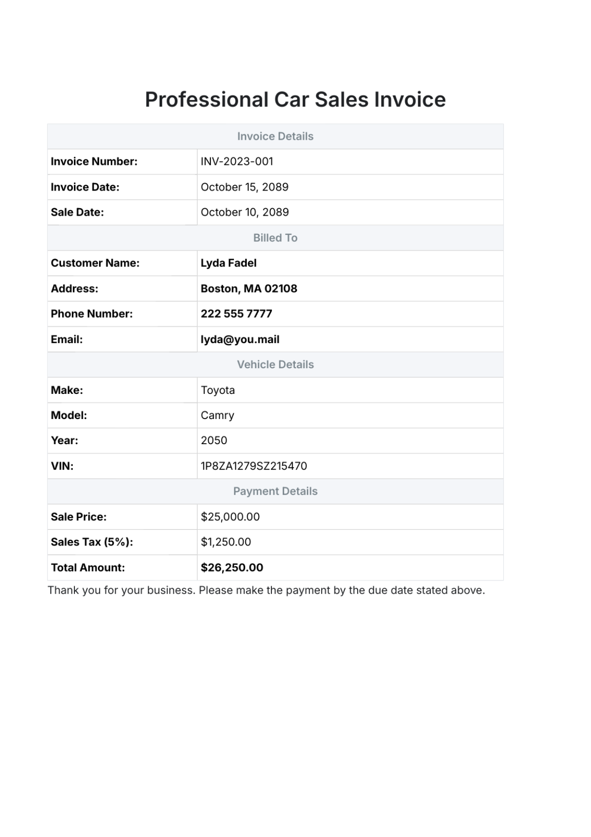 Professional Car Sales Invoice Template - Edit Online & Download