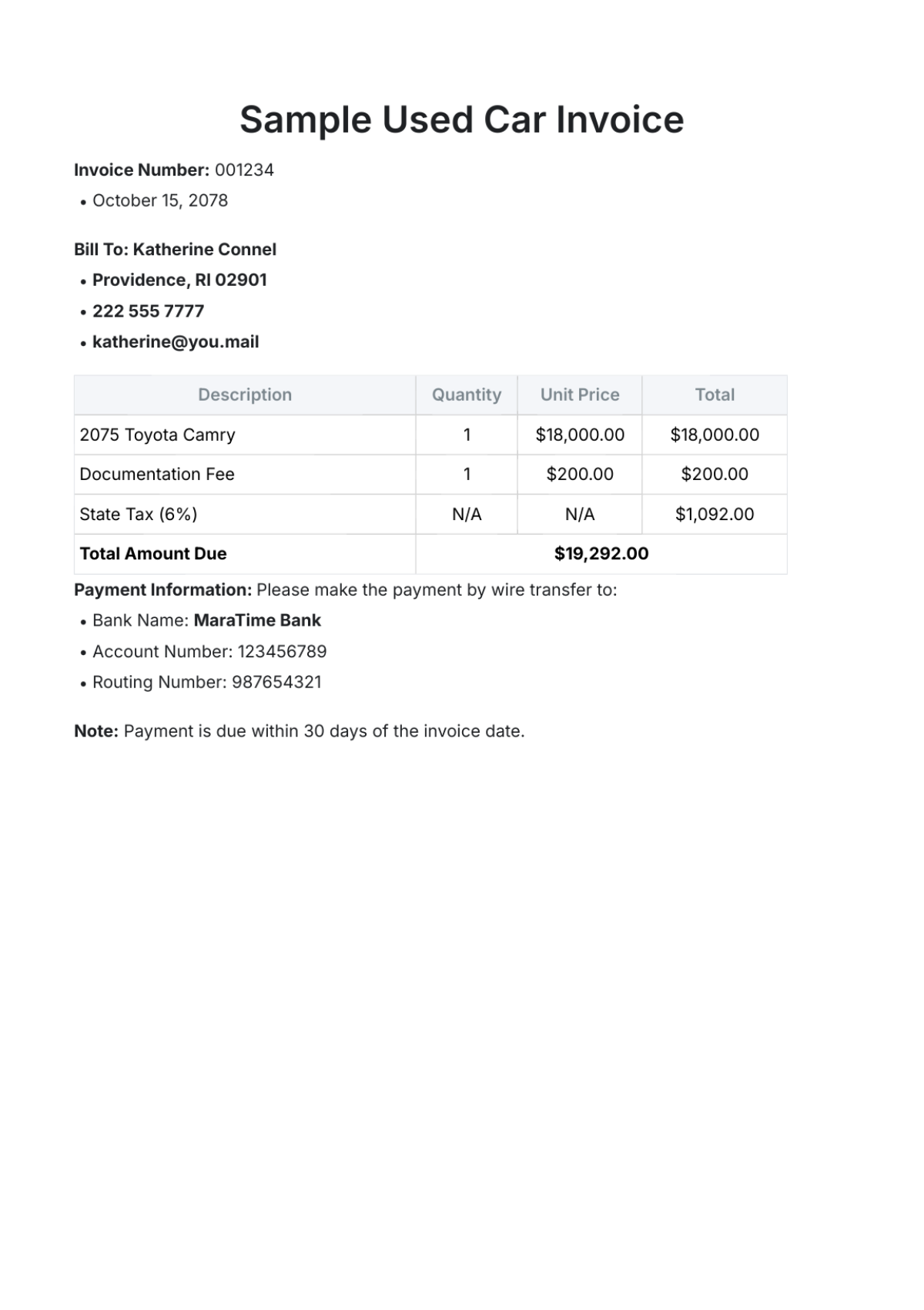 Sample Used Car Invoice Template - Edit Online & Download