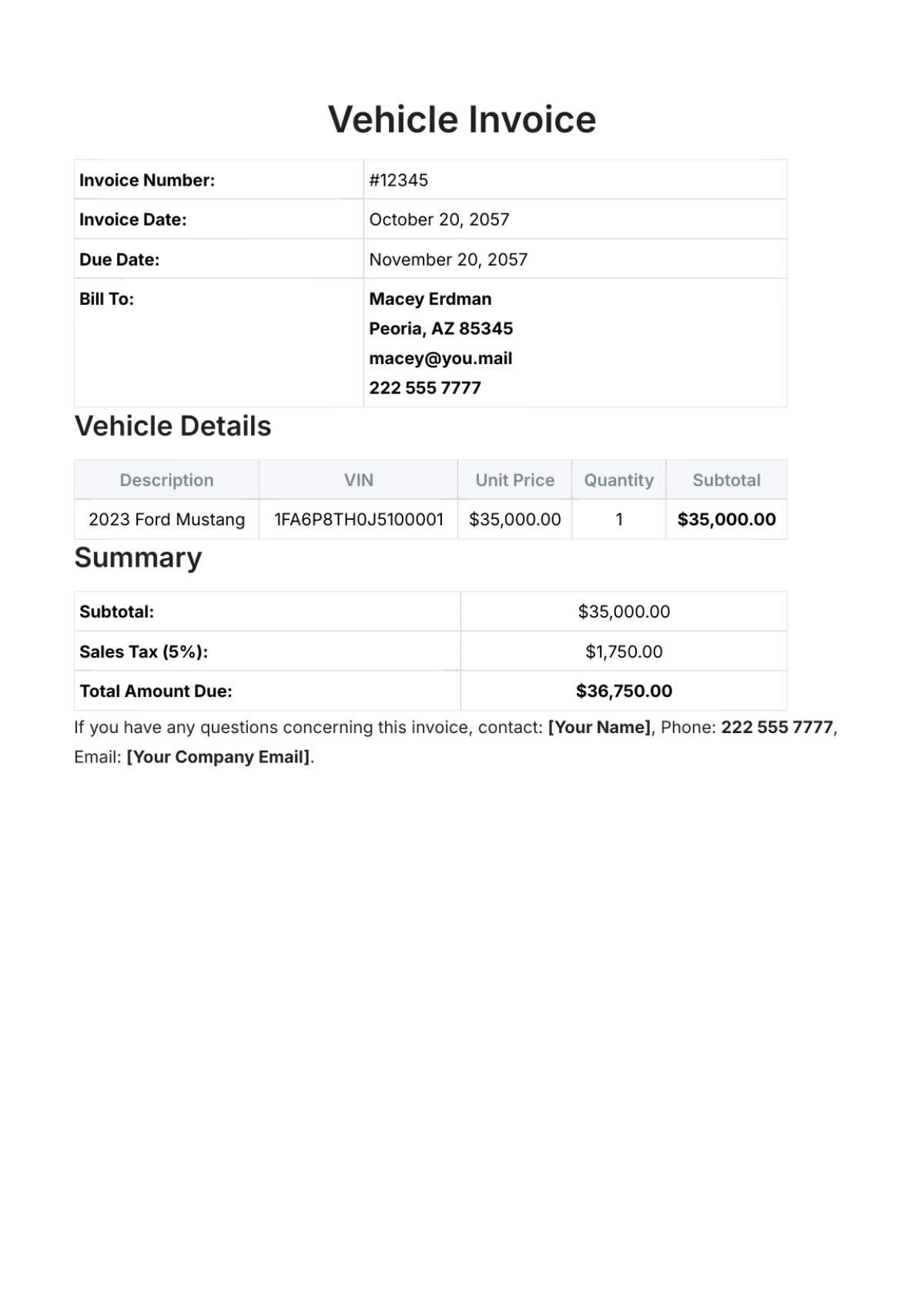 Vehicle Invoice Template - Edit Online & Download