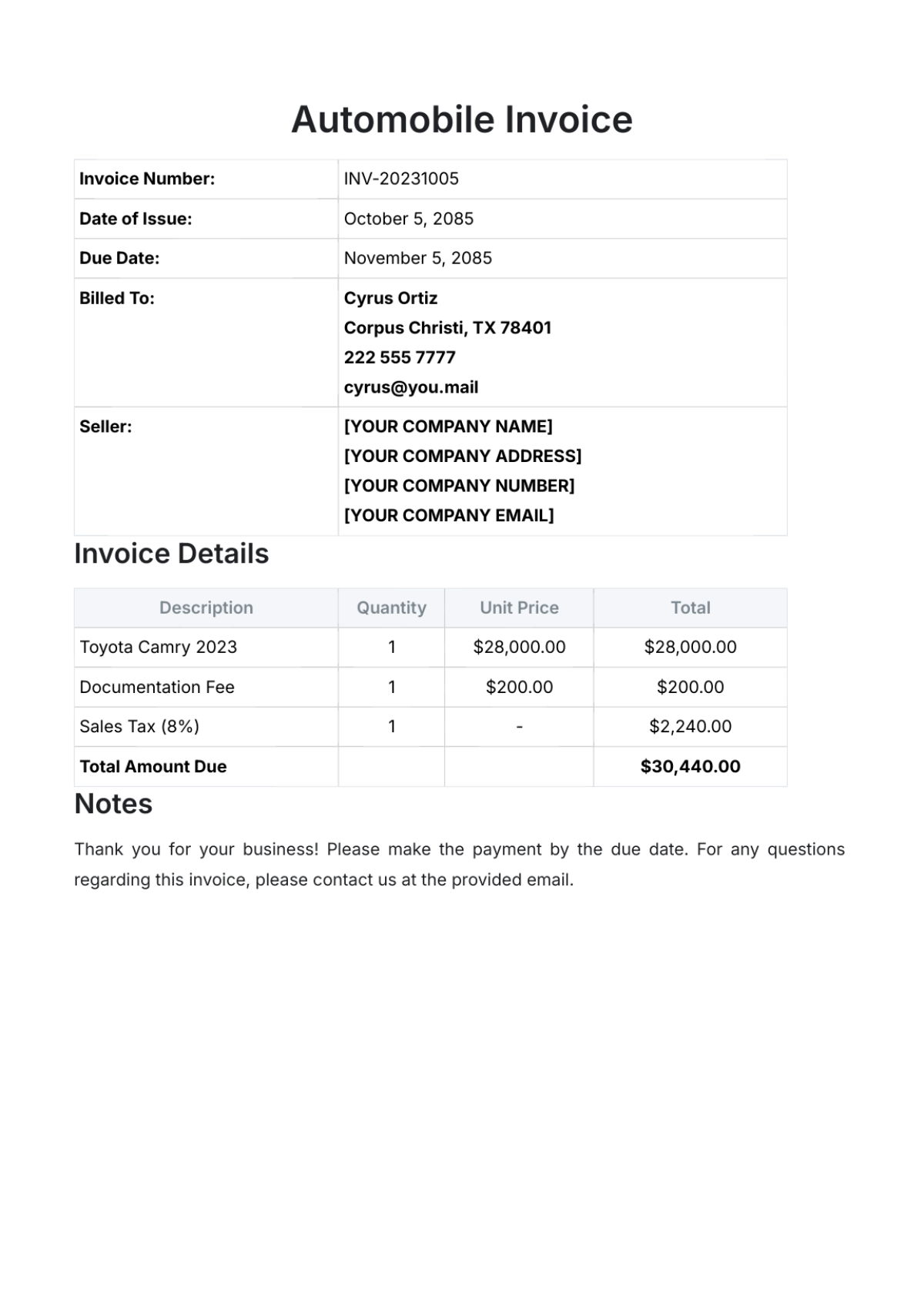 Automobile Invoice Template - Edit Online & Download