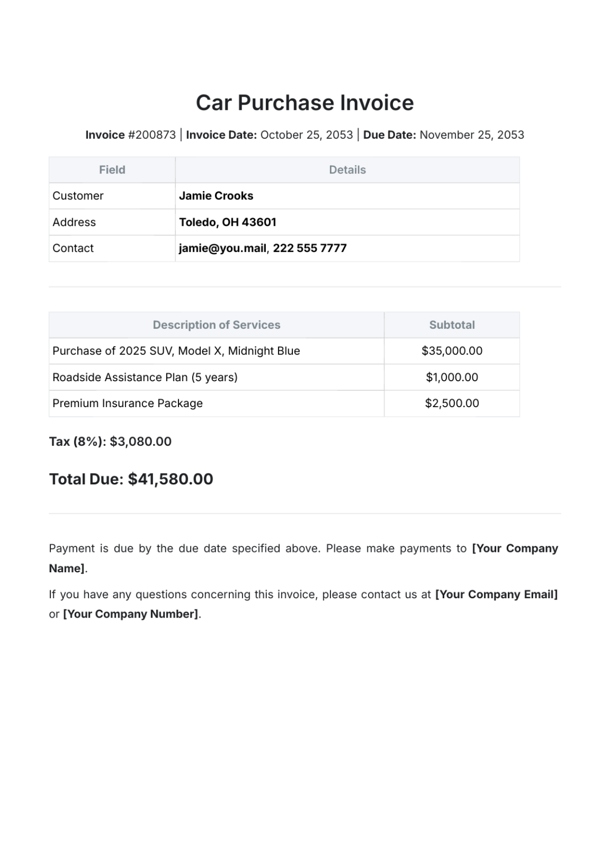 Car Purchase Invoice Template - Edit Online & Download