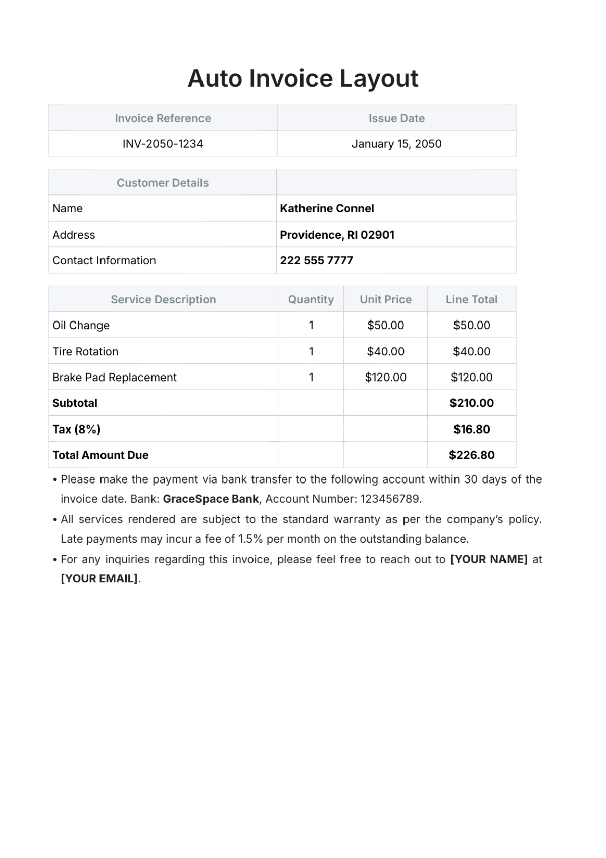 Auto Invoice Layout Template - Edit Online & Download