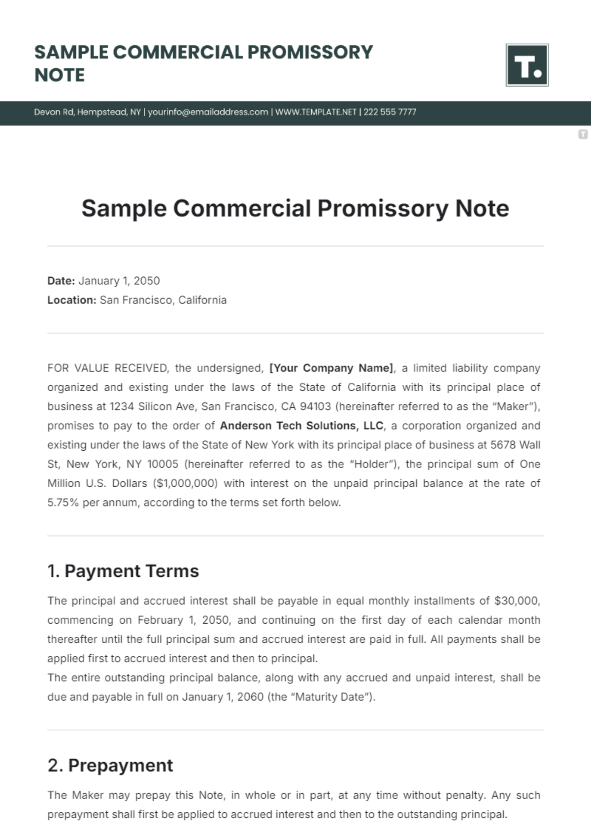 Sample Commercial Promissory Note Template