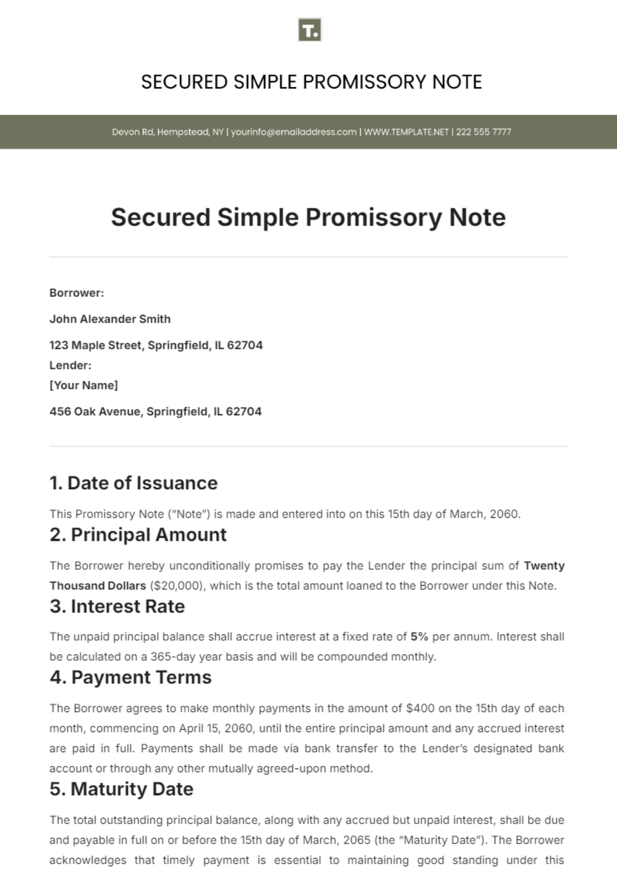 Secured Simple Promissory Note Template