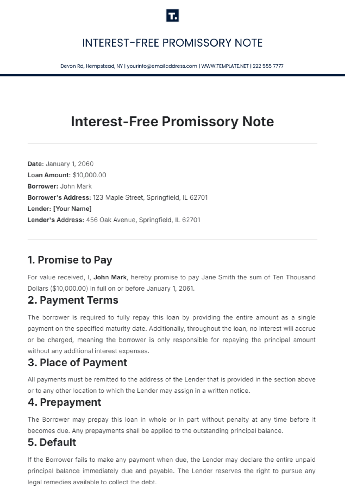 Interest-Free Promissory Note Template