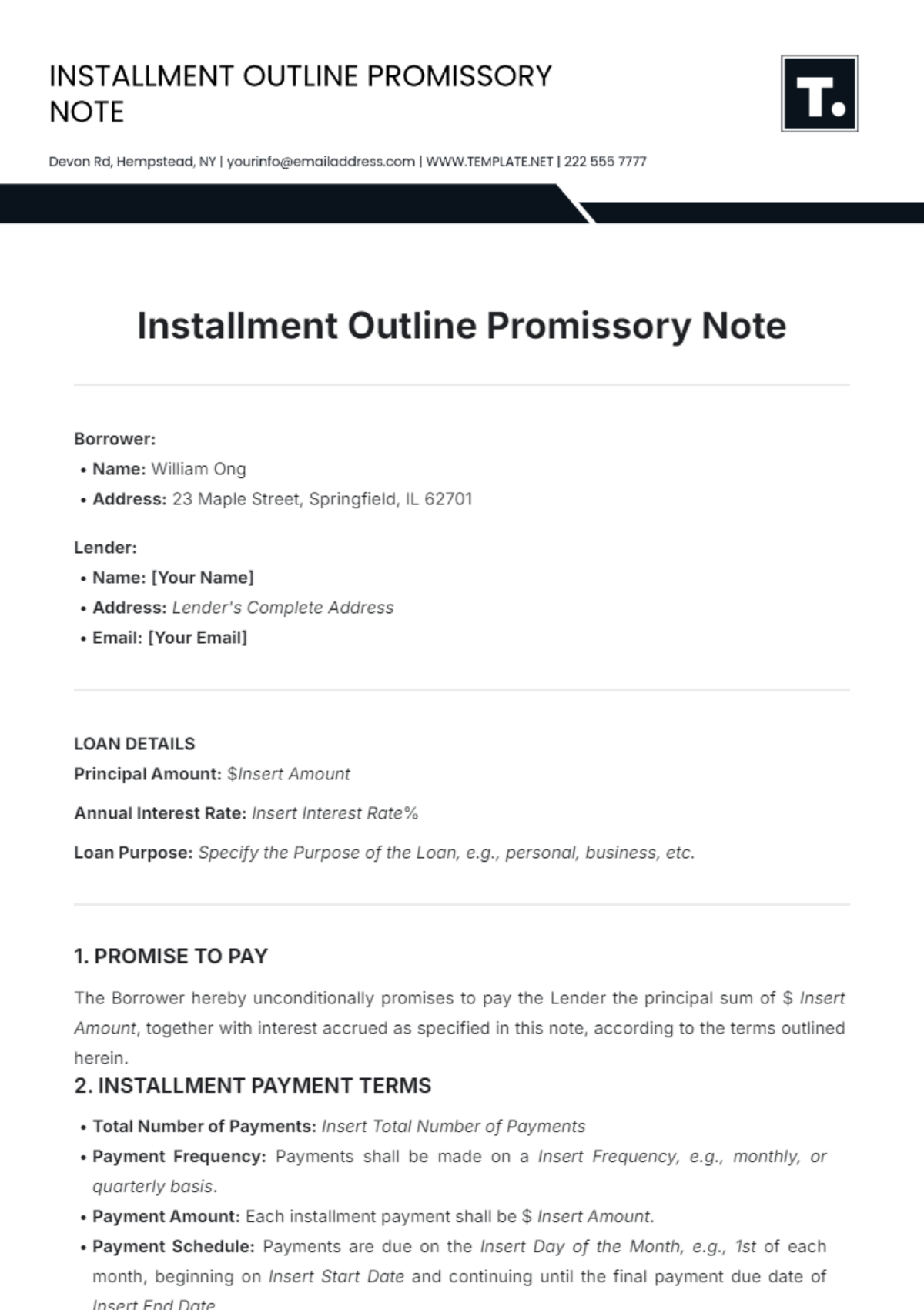 Installment Outline Promissory Note Template