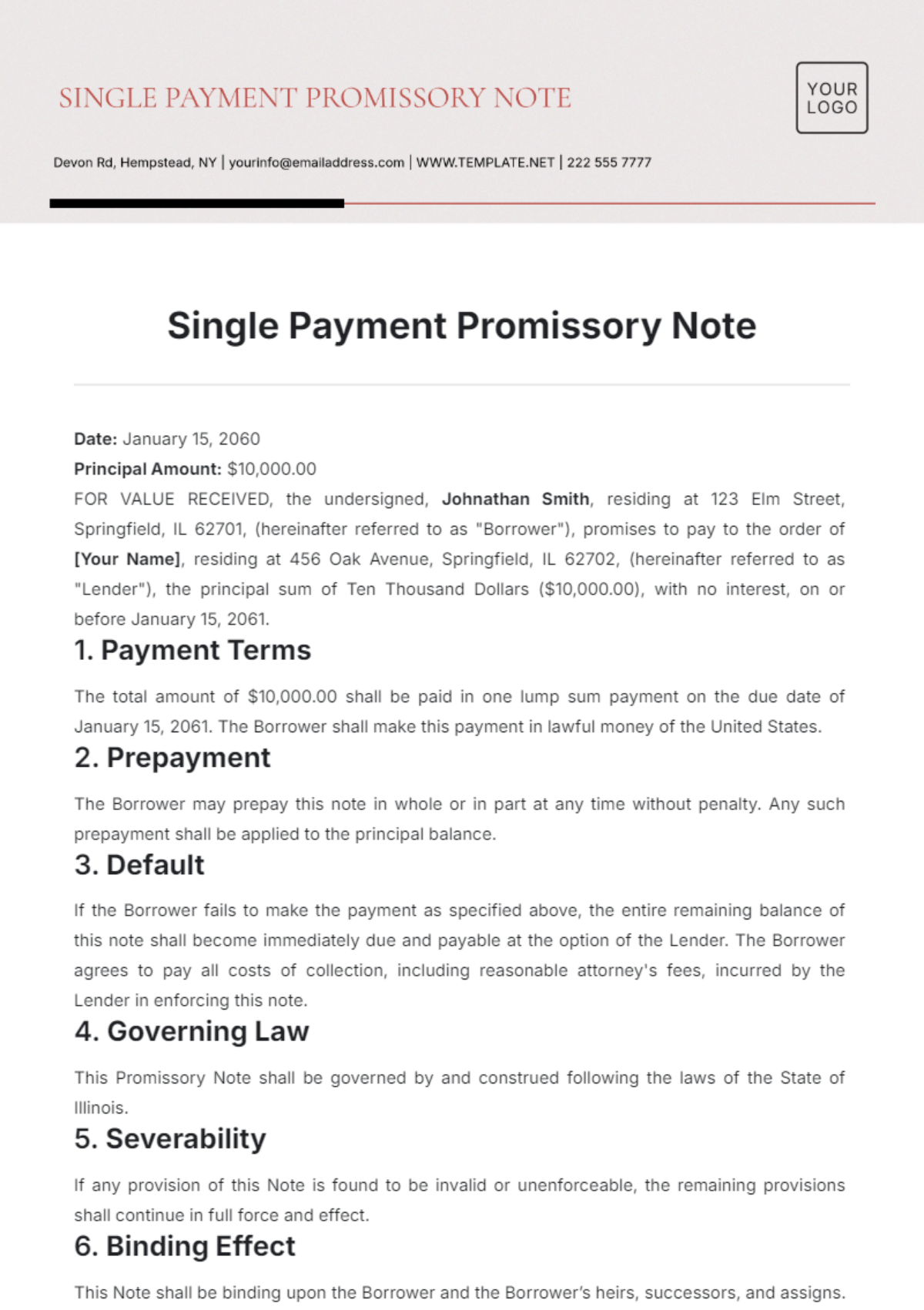 Single Payment Promissory Note Template