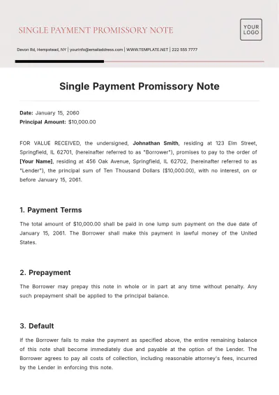Free Single Payment Promissory Note Template to Edit Online