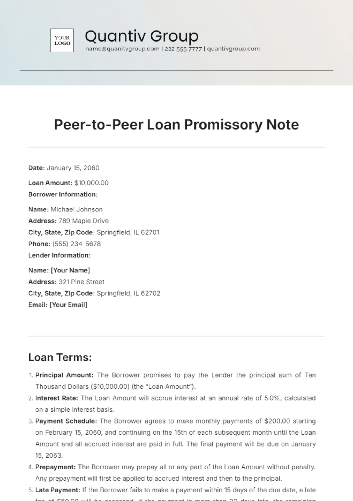 Peer-to-Peer Loan Promissory Note Template