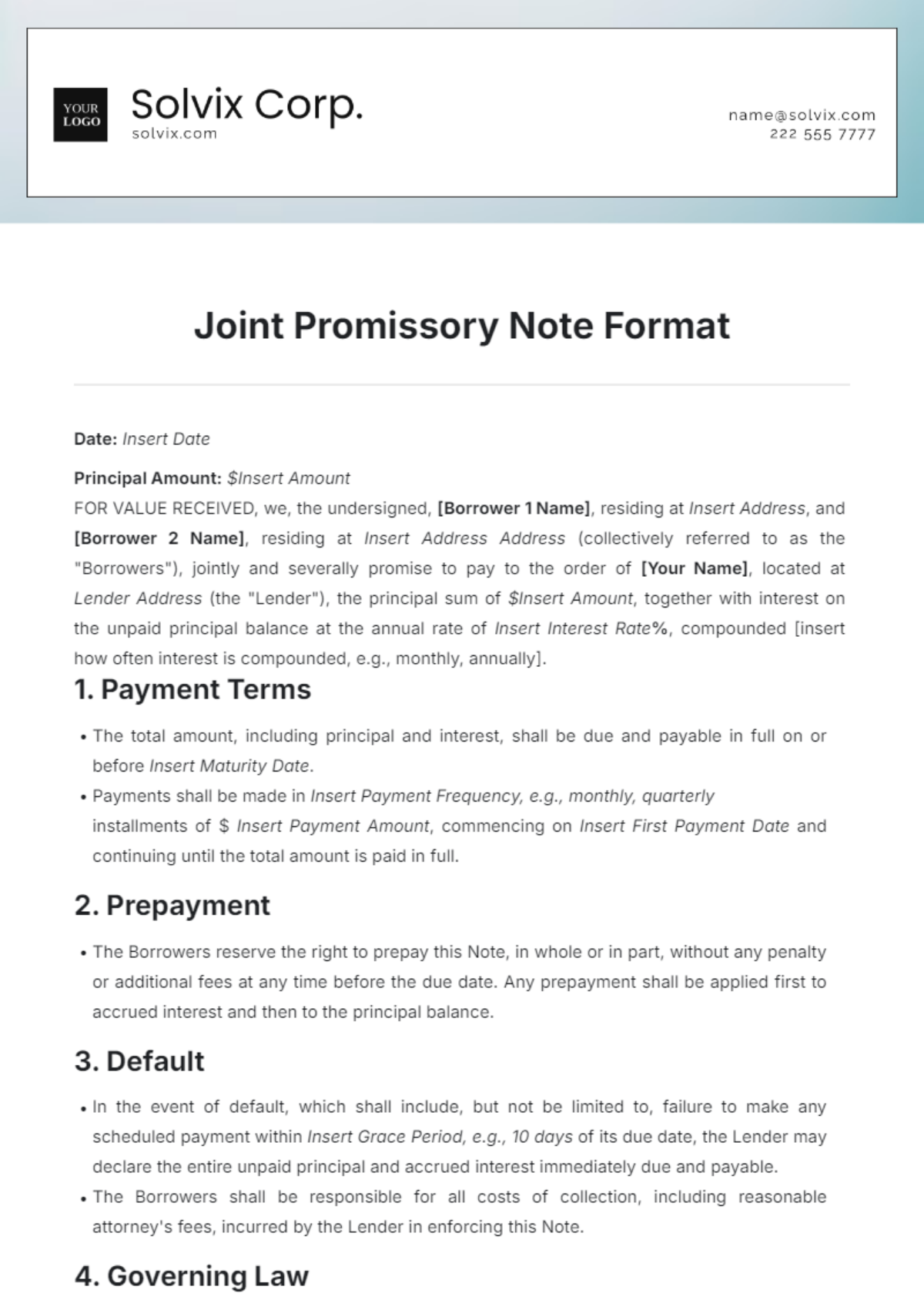 Joint Promissory Note Format Template