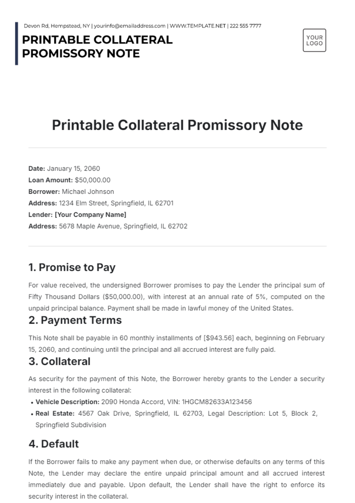 Printable Collateral Promissory Note Template - Edit Online & Download