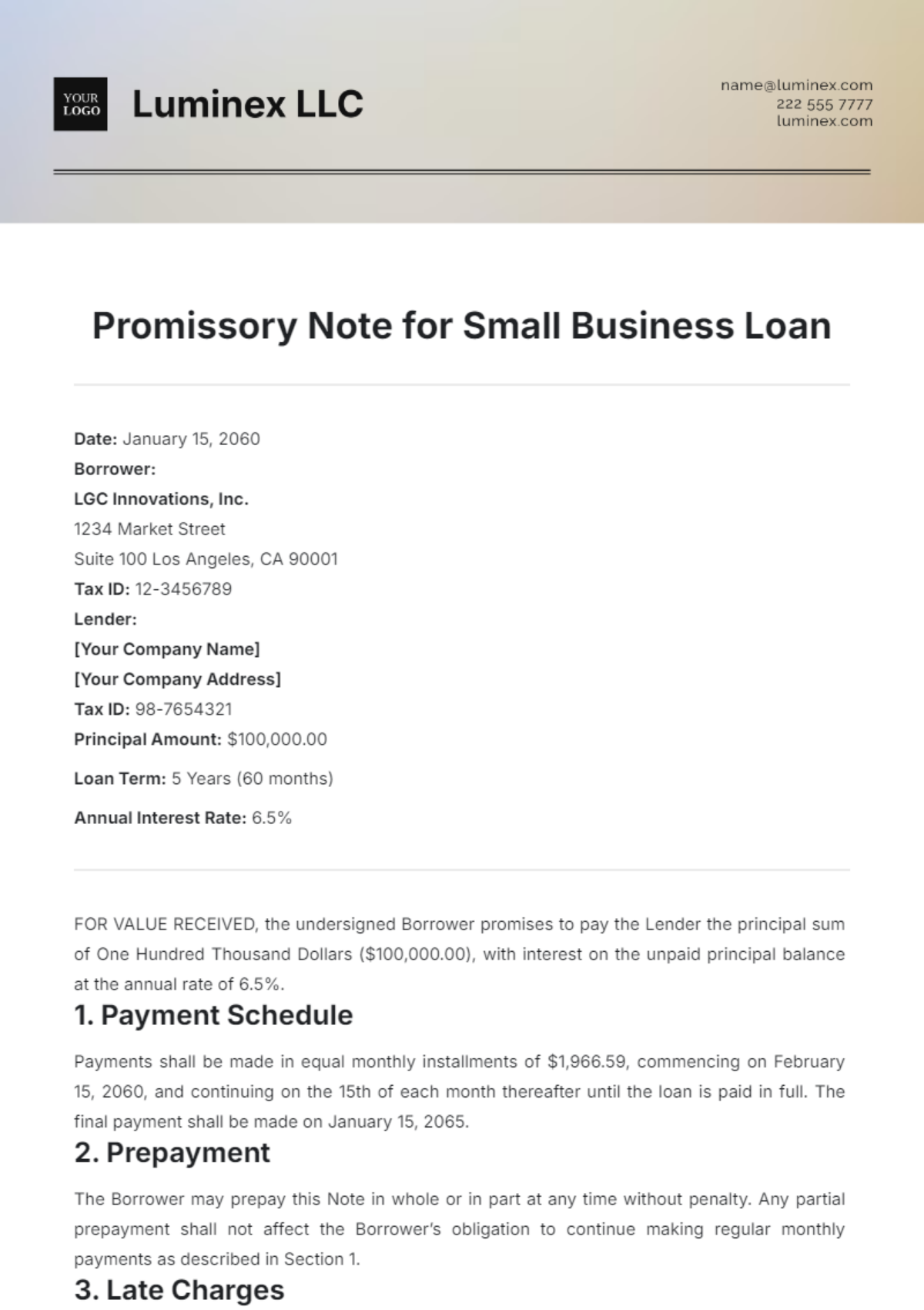 Promissory Note for Small Business Loan Template