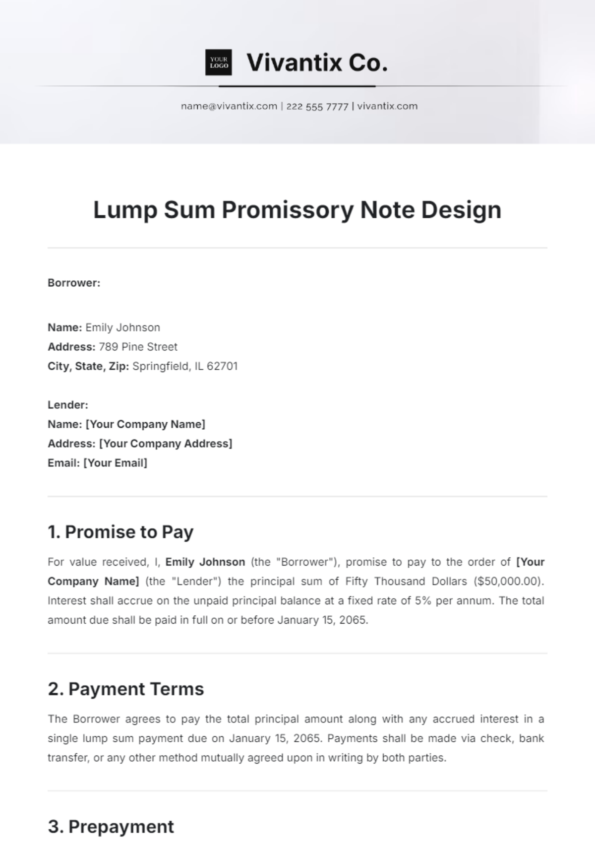 Lump Sum Promissory Note Design Template