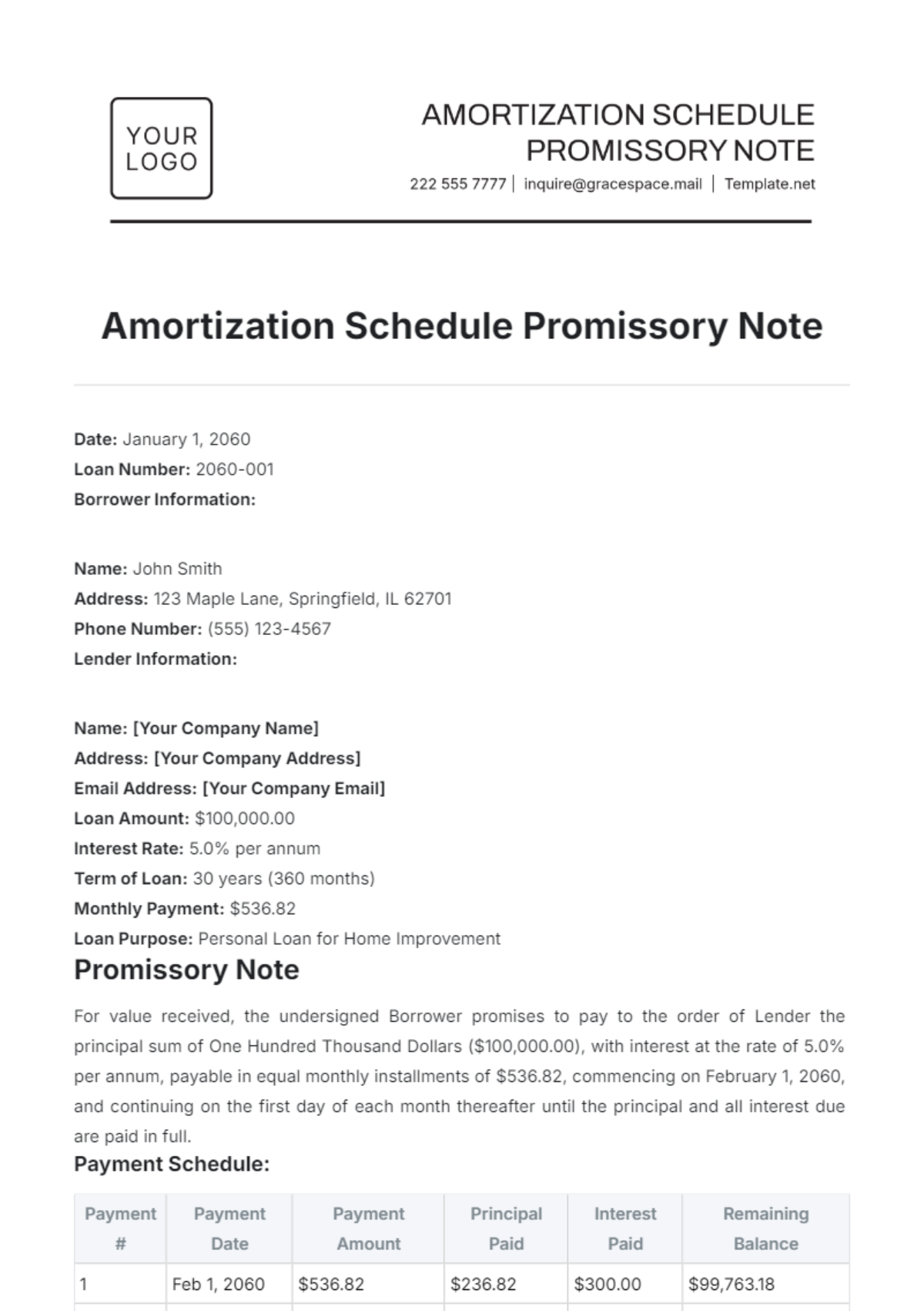 Amortization Schedule Promissory Note Template