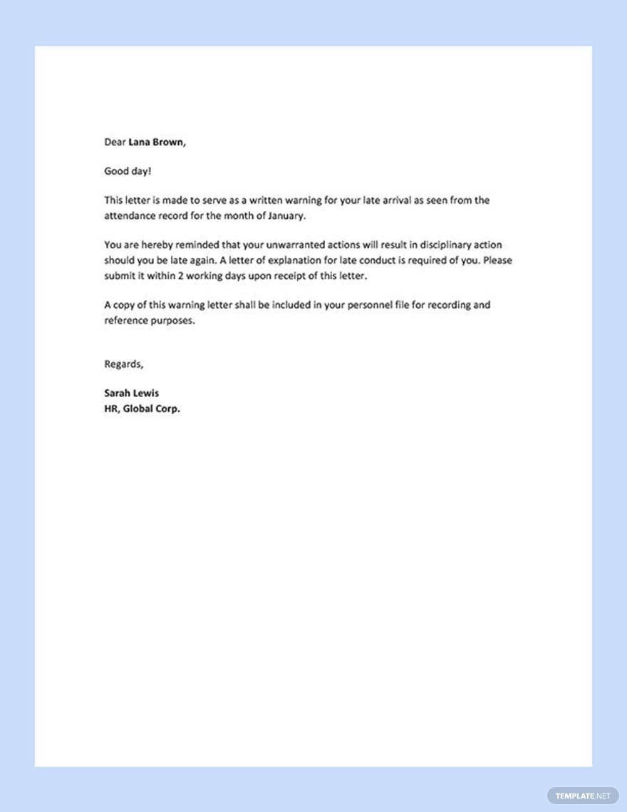 Warning Letter To Employee For Late Coming In Google Docs Pages Word 