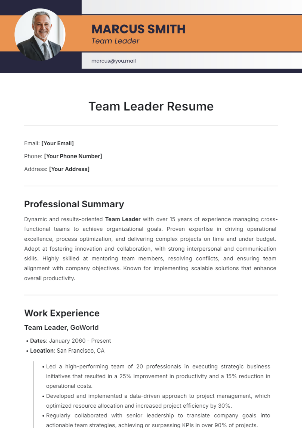 Team Leader Resume Template - Edit Online & Download