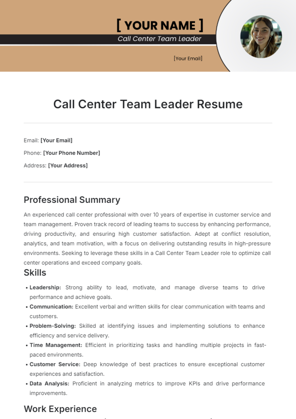 Call Center Team Leader Resume Template - Edit Online & Download