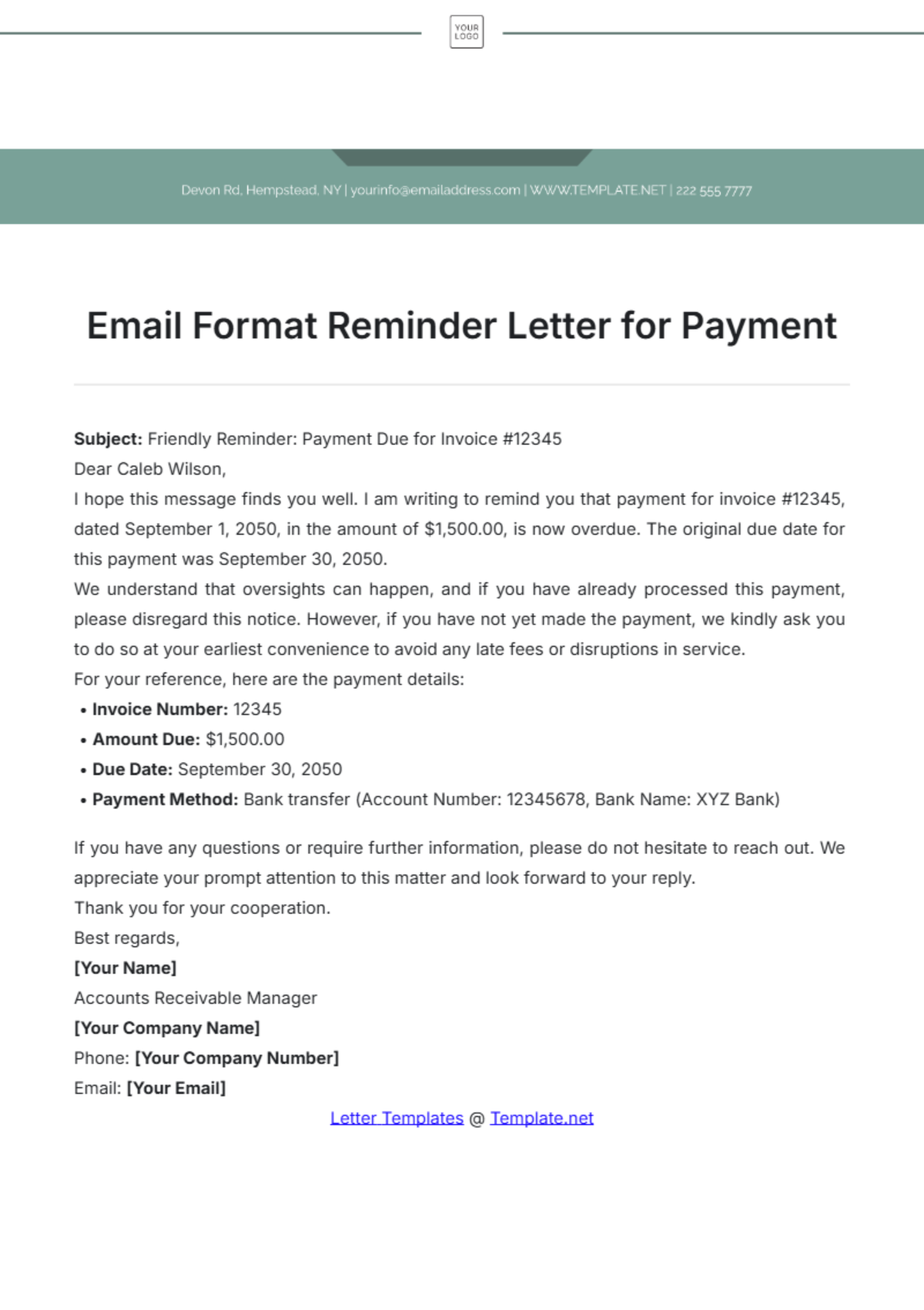 Email Format Reminder Letter for Payment Template - Edit Online & Download