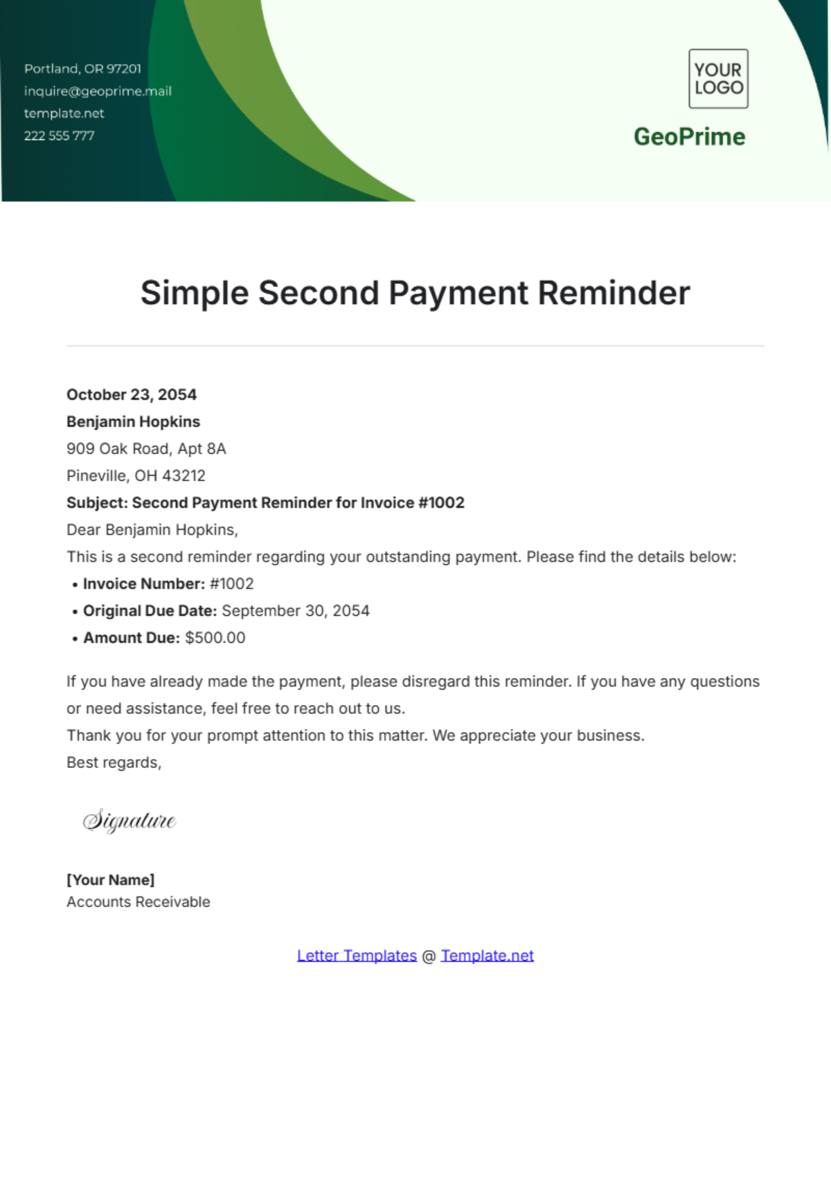 Simple Second Payment Reminder Template - Edit Online & Download