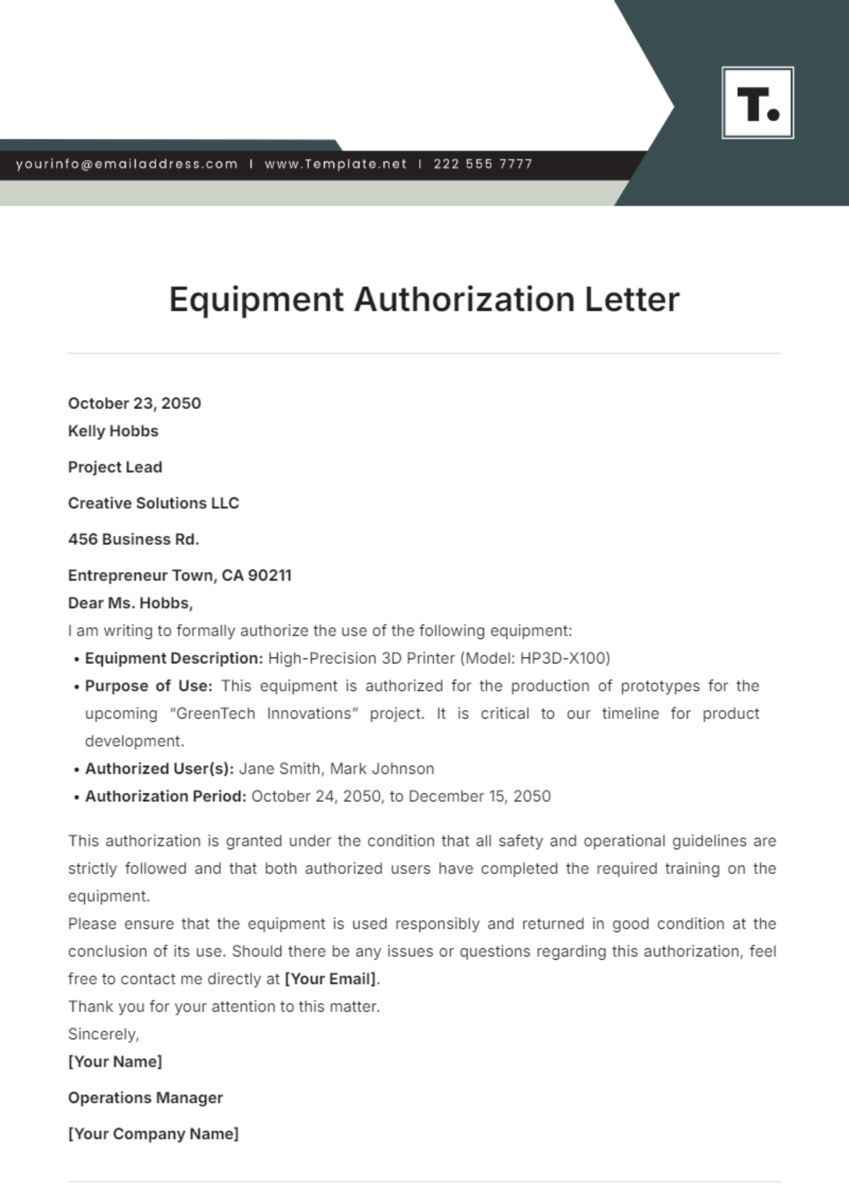 Equipment Authorization Letter Template - Edit Online & Download