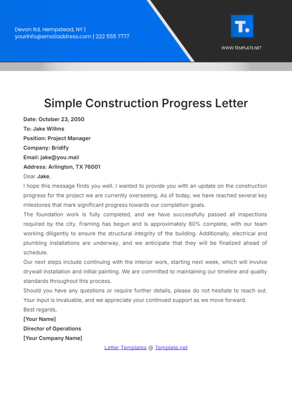 Simple Construction Progress Letter Template