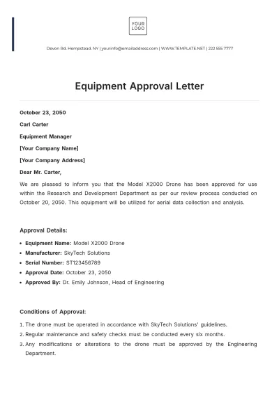 Free Equipment Approval Letter Template to Edit Online