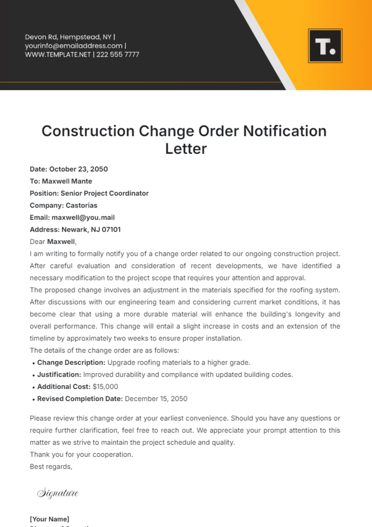 Construction Change Order Letter Template - Edit Online & Download