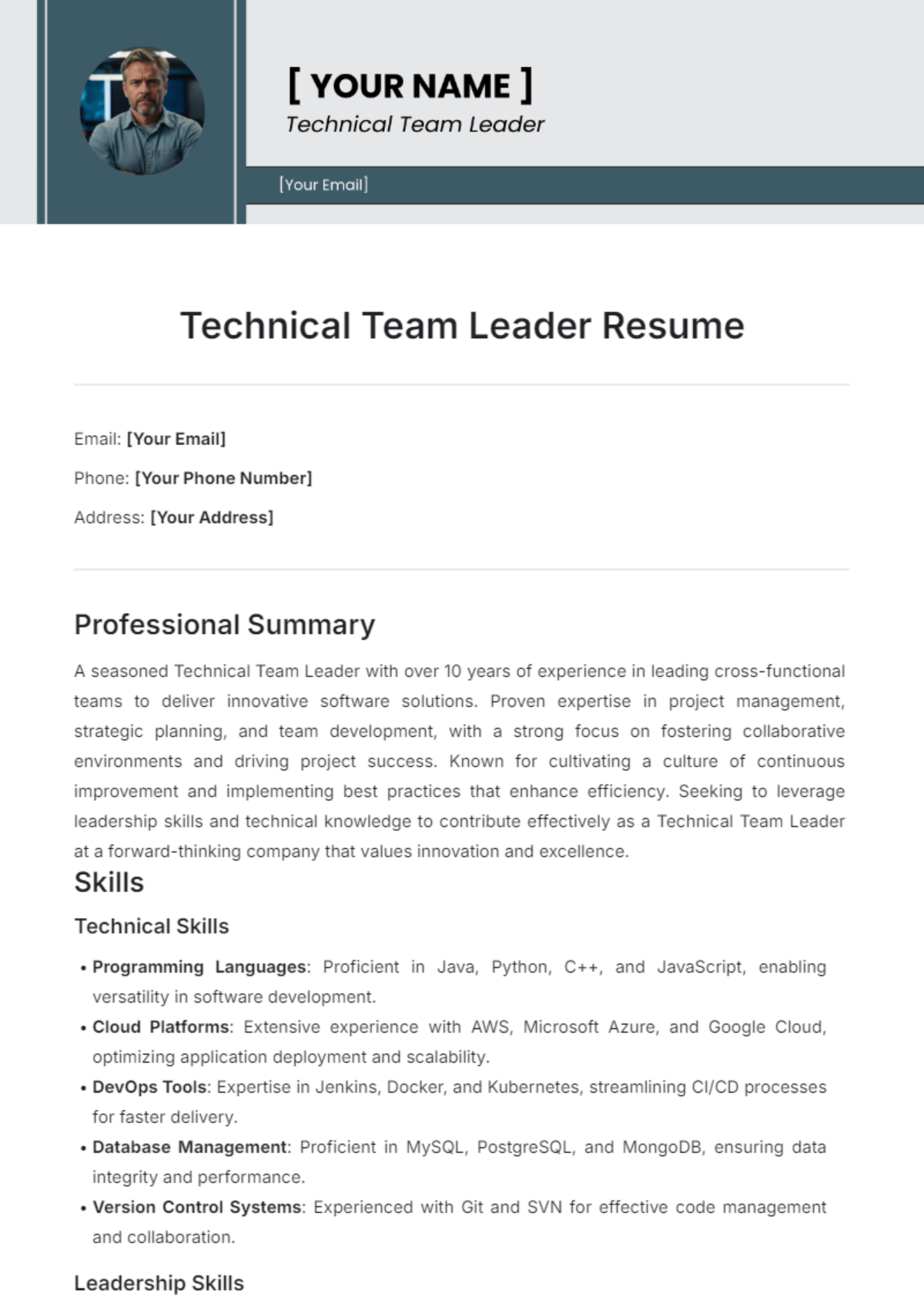 Technical Team Leader Resume Template