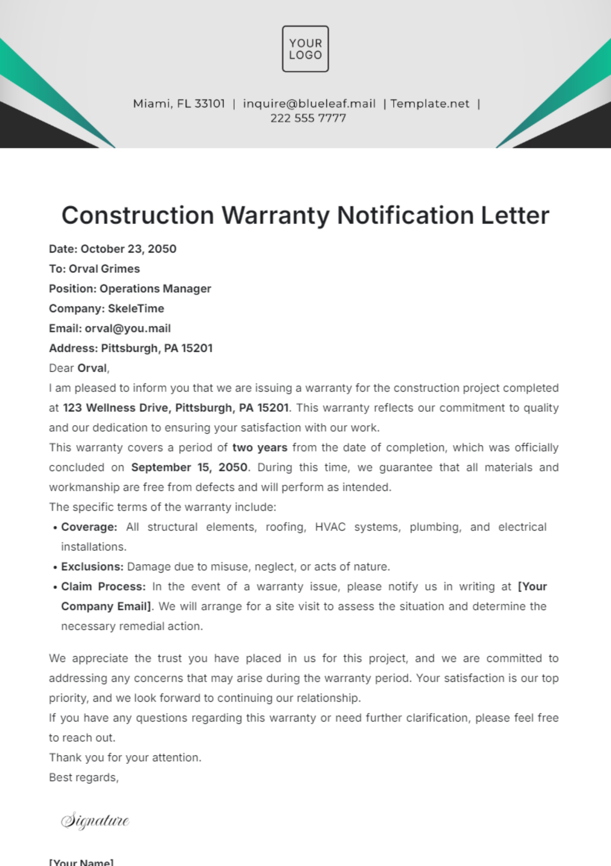 Construction Warranty Letter Template - Edit Online & Download