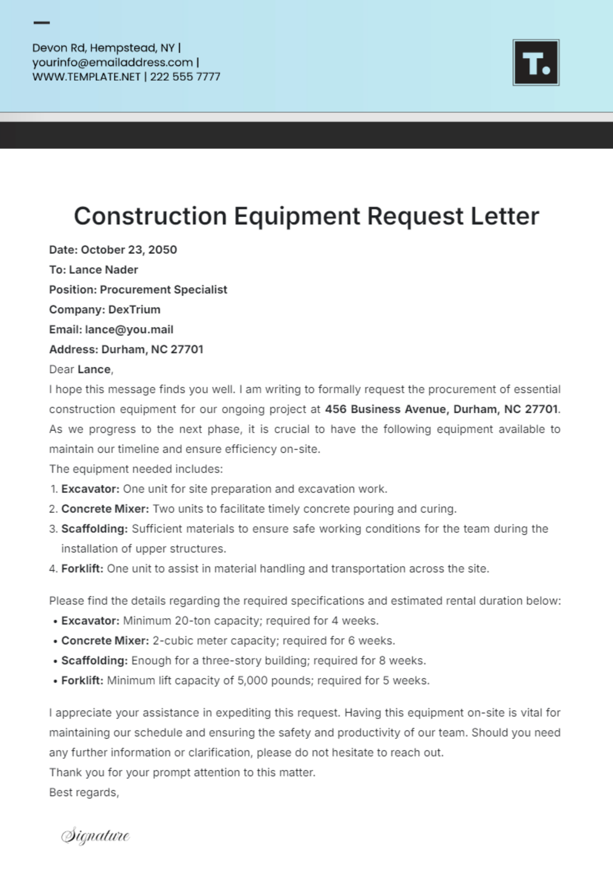 Construction Equipment Request Letter Template - Edit Online & Download