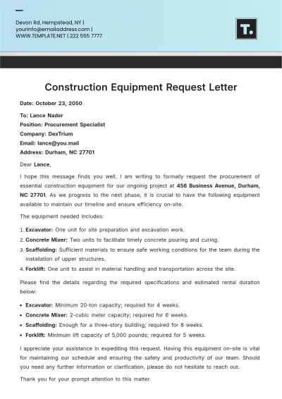 Free Construction Equipment Request Letter Template to Edit Online