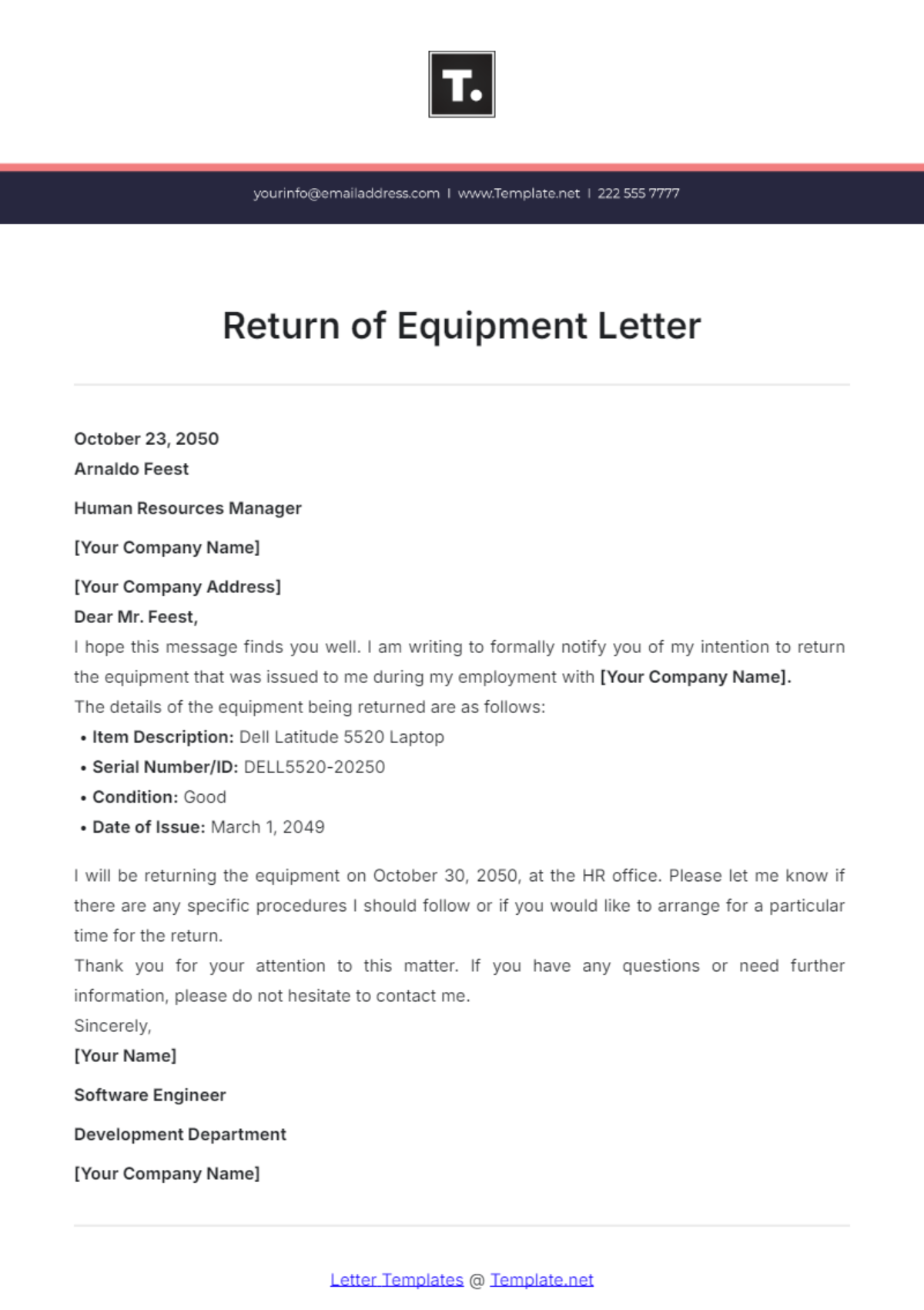 Return of Equipment Letter Template - Edit Online & Download