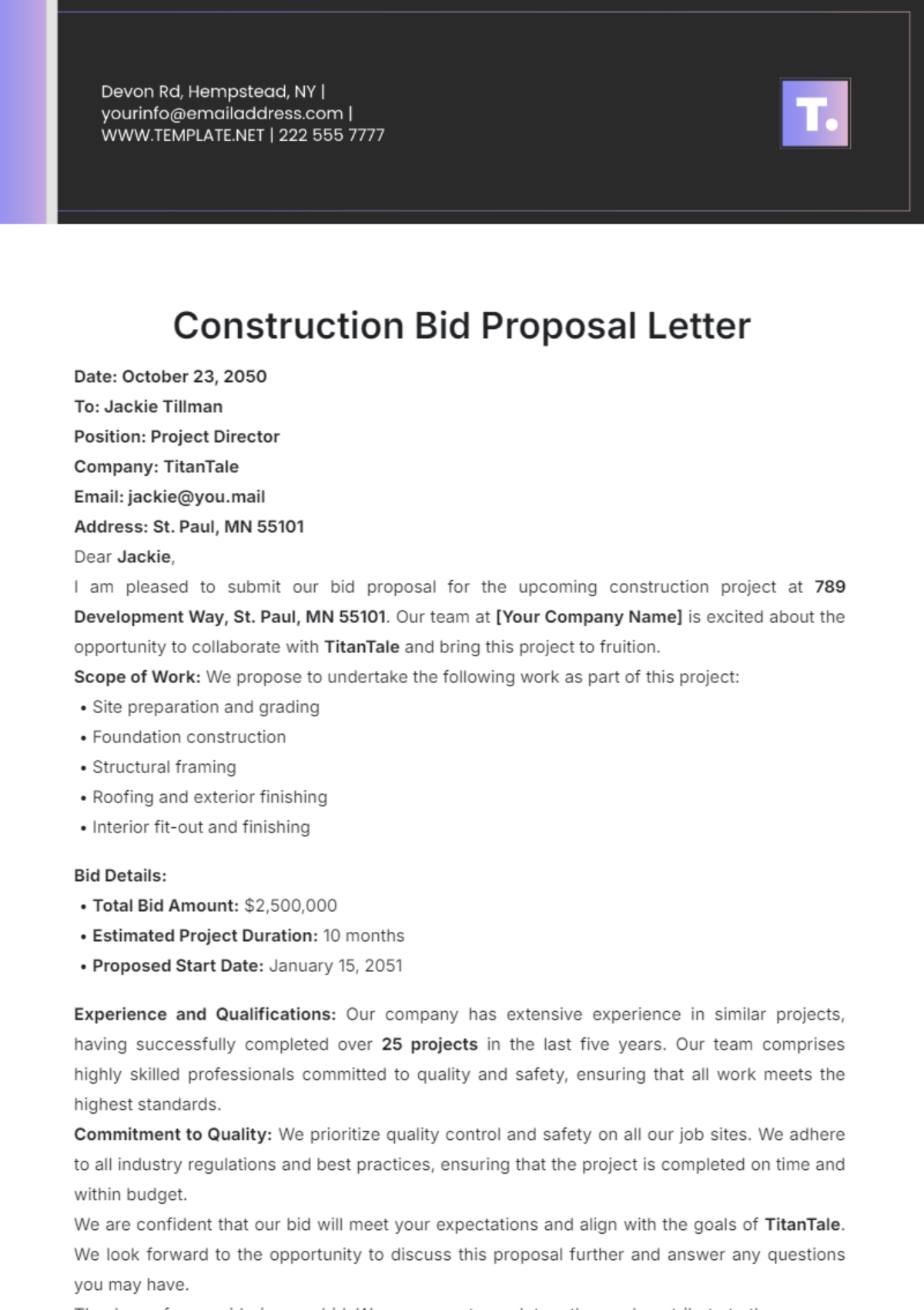 Construction Bid Letter Template - Edit Online & Download