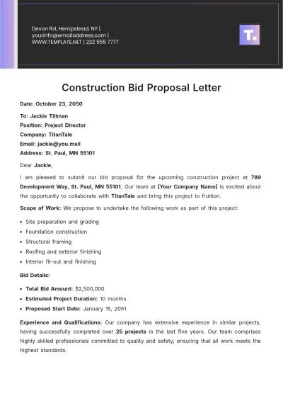 Free Construction Bid Letter Template to Edit Online