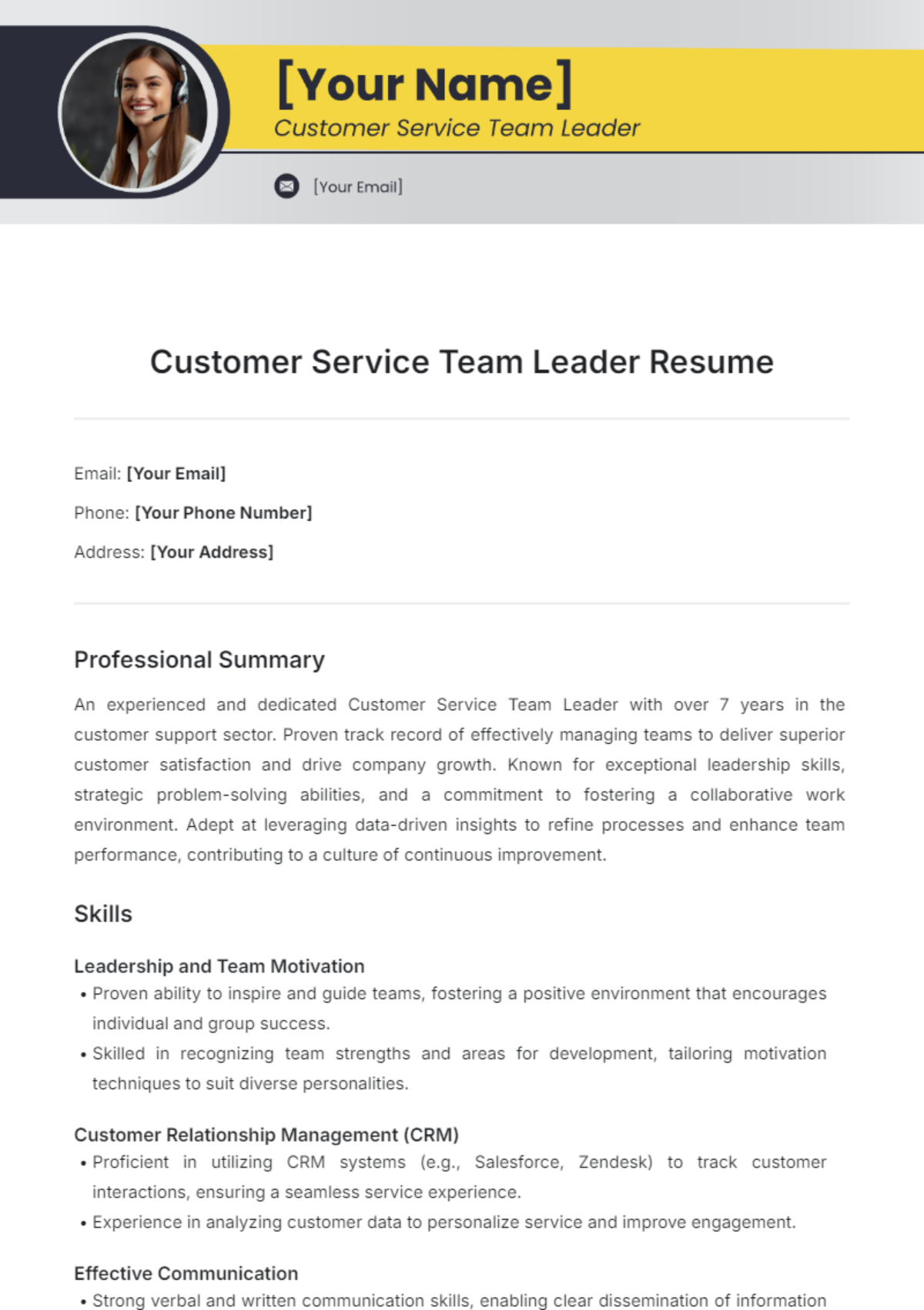 Customer Service Team Leader Resume Template