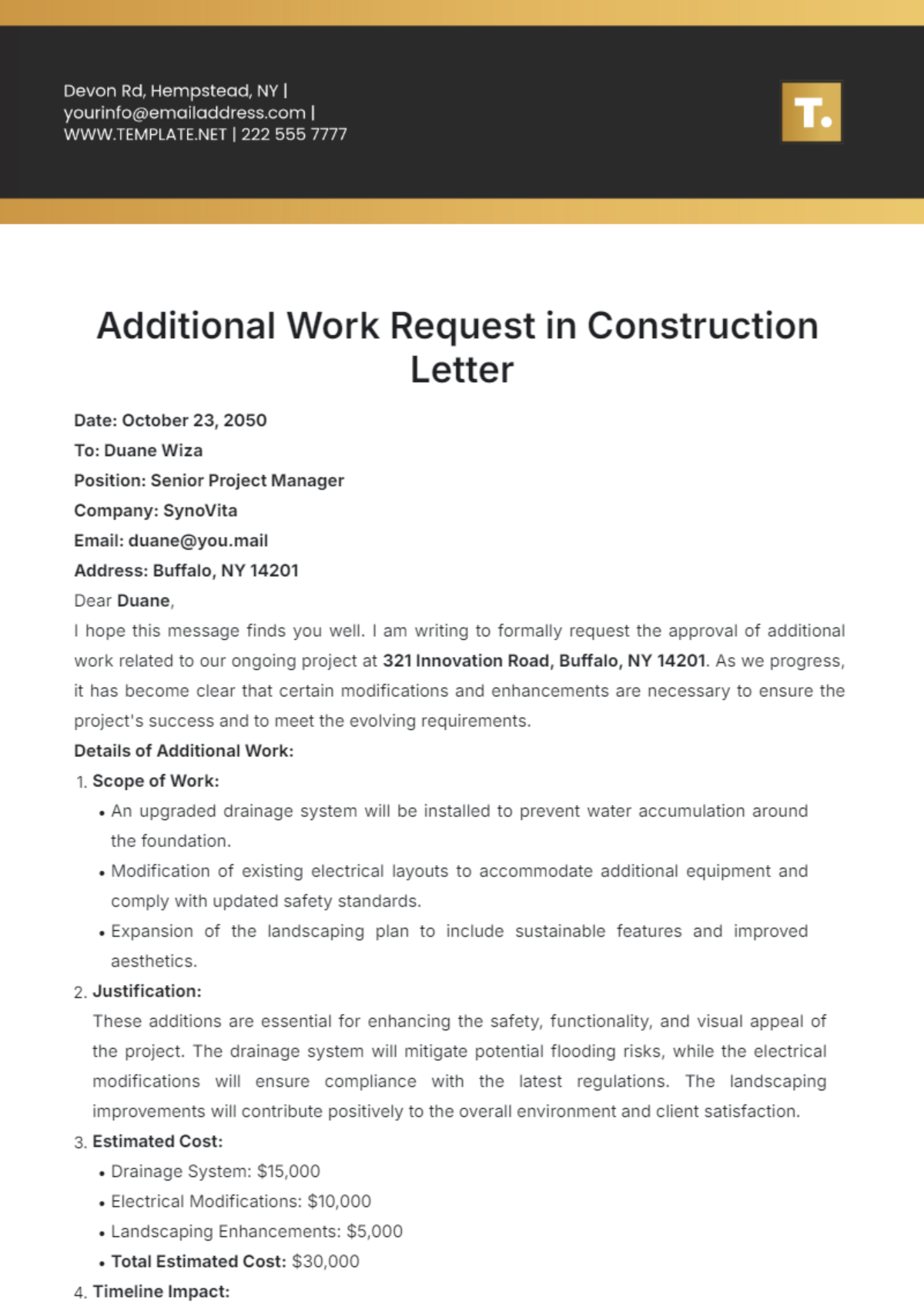 Additional Work in Construction Letter Template - Edit Online & Download