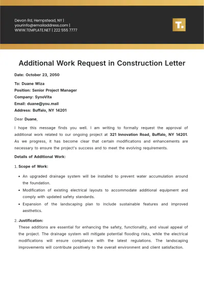 Free Additional Work in Construction Letter Template to Edit Online