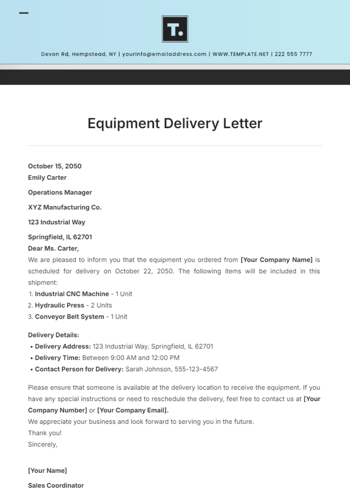 Equipment Delivery Letter Template - Edit Online & Download