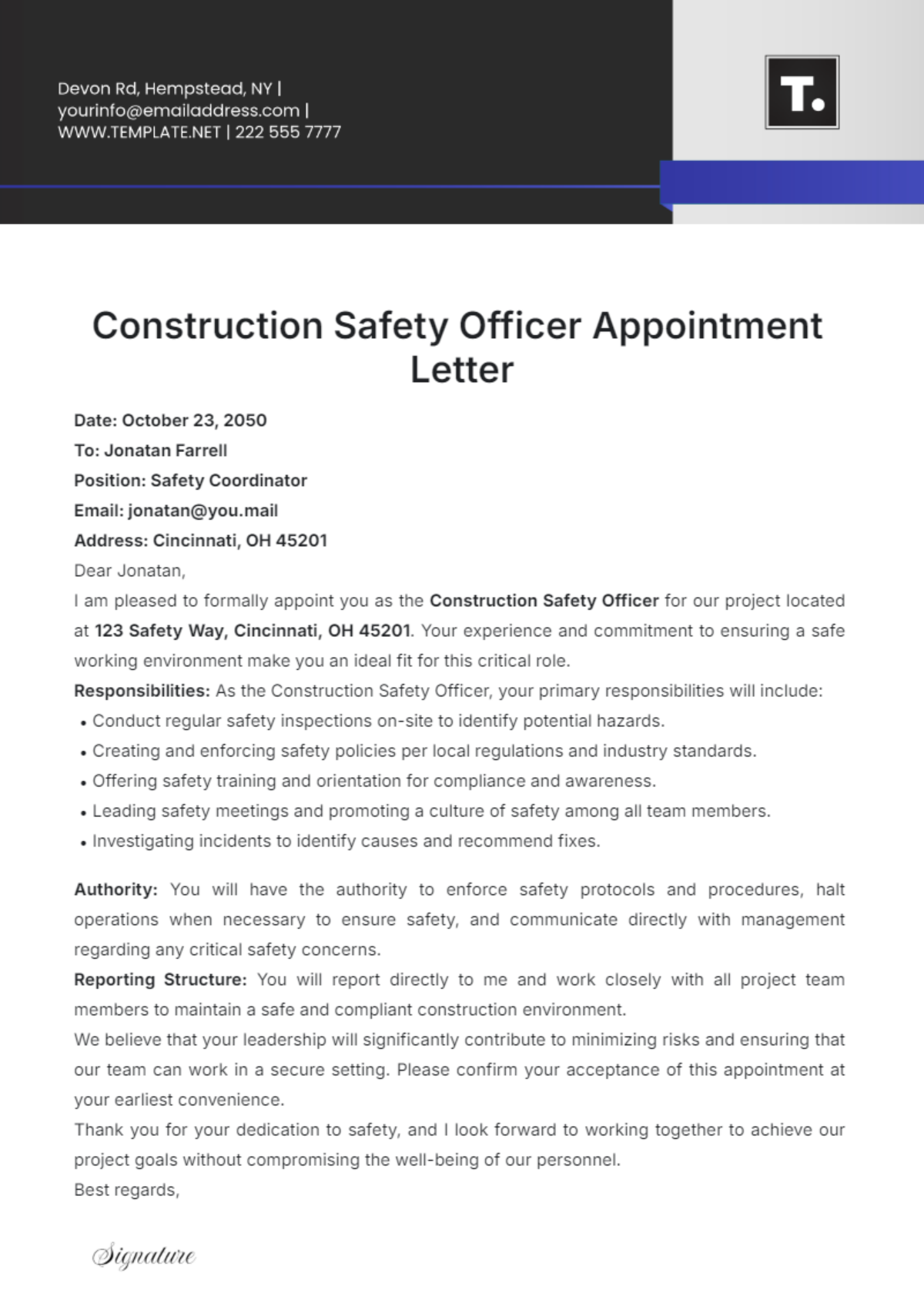 Construction Safety Officer Appointment Letter Template - Edit Online & Download