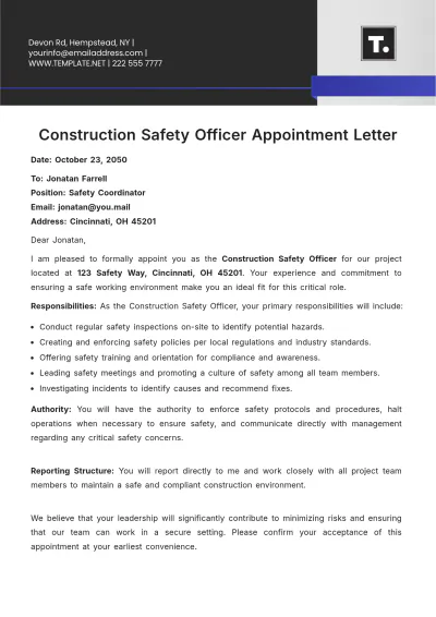 Free Construction Safety Officer Appointment Letter Template to Edit Online
