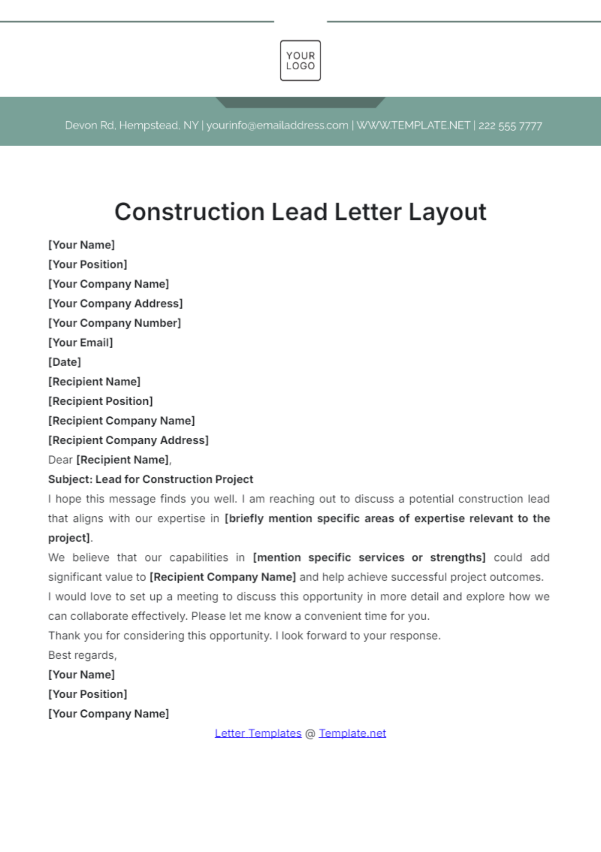 Construction Lead Letter Layout Template - Edit Online & Download